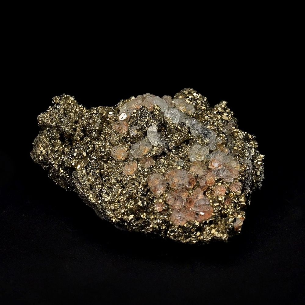 Rose Dawn Fluorite, pink fluorite crystals on golden pyrite